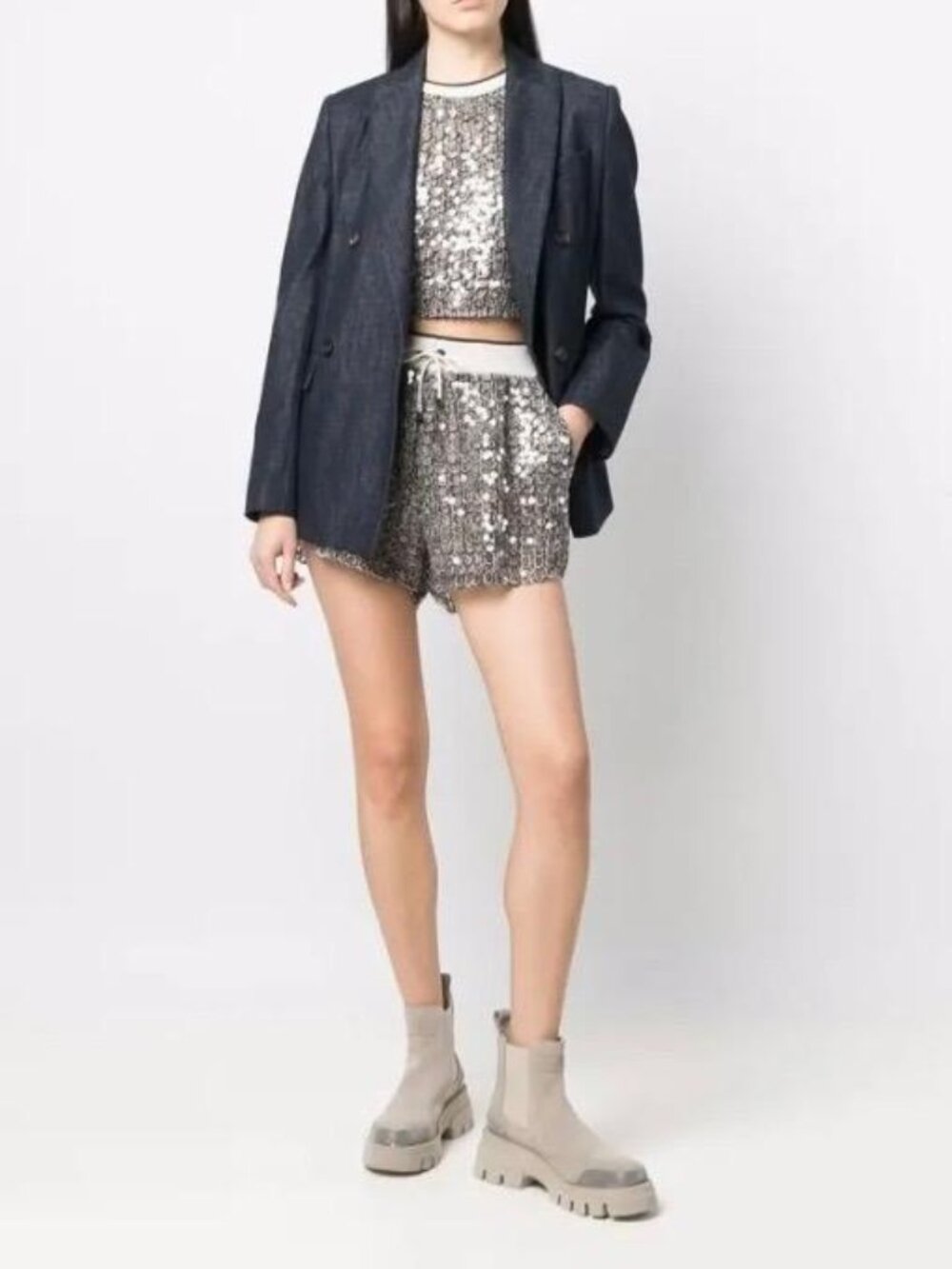 BRUNELLO CUCINELLI SEQUIN-EMBELLISHED KNITTED CROPPED TOP S
